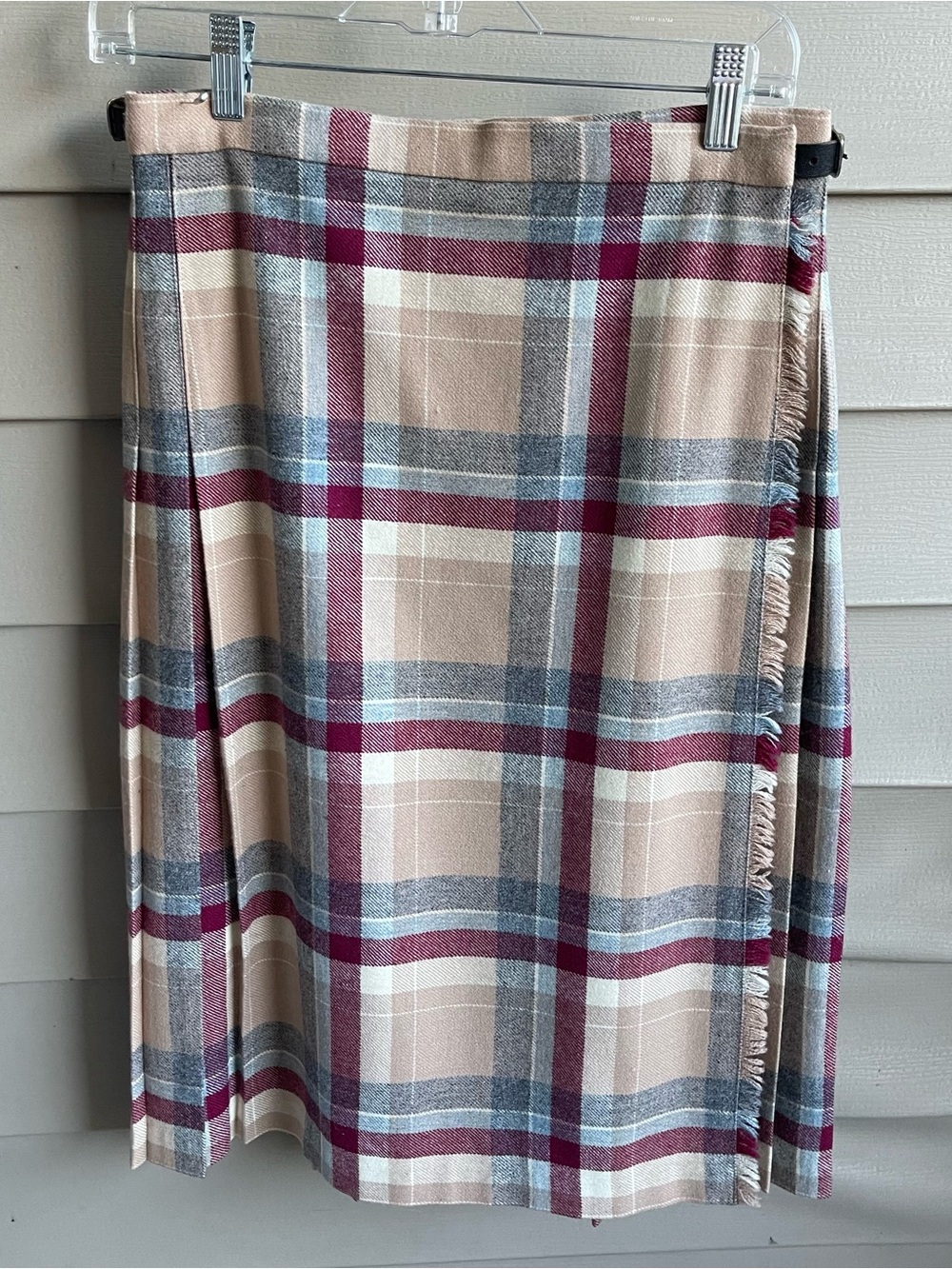 Vintage Deans Of Scotland Sz 14 Beige Red Blue Plaid 100% Wool Academia Skirt